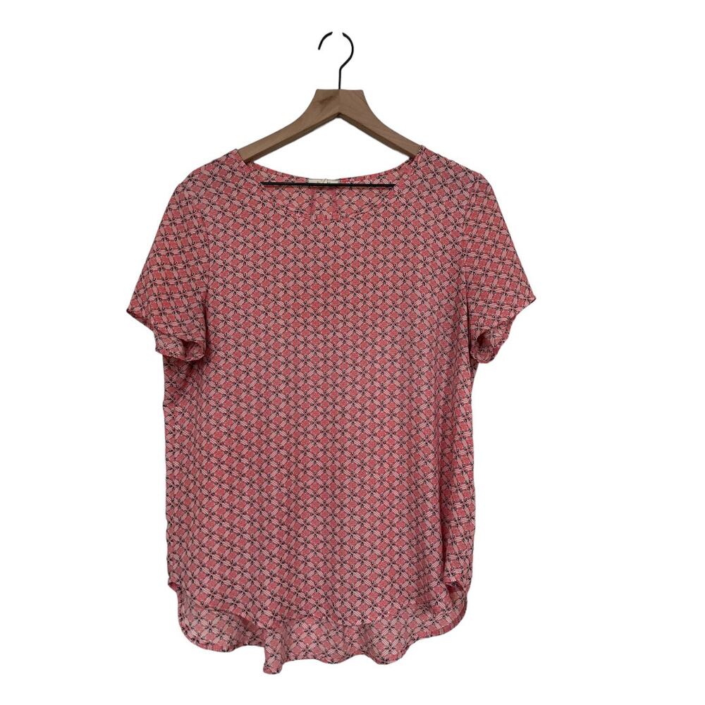 Pleione Womens Pink Short Sleeve Geometric Print Blouse Size Medium